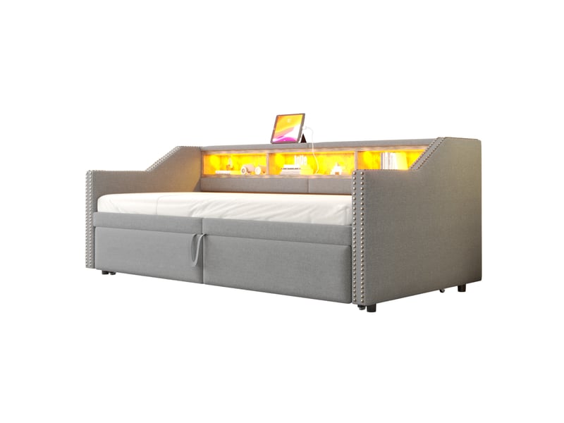 Lit enfant gigogne 90 x 200 cm, rangement latéral led et prise usb, sommier à lattes, tissu lin, gris clair sans matelas - Conforama A