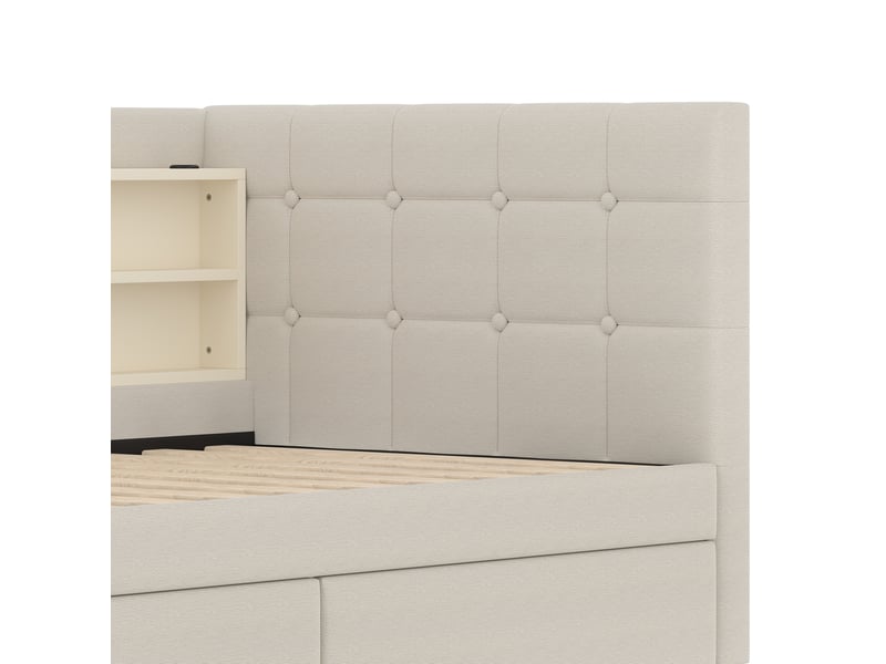  Lit banquette 90x200 lit de jour en lin beige avec 2 tiroirs - ports usb type c et étagères  - Conforama R