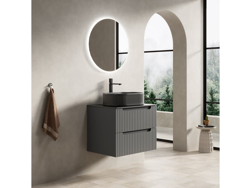  Meuble sous vasque suspendu avec 2 tiroirs à fermeture douce en pierre frittée, gris foncé, 60×46×62,2 cm  - Conforama C