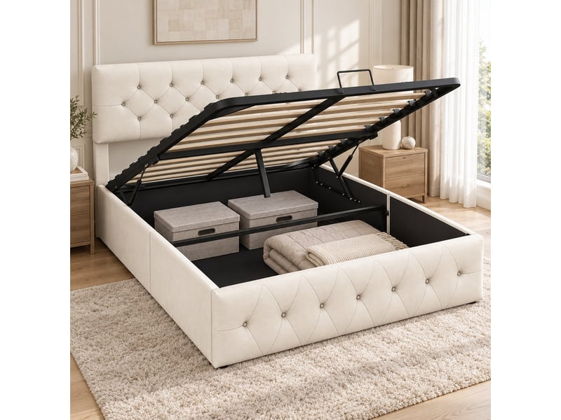 Lit coffre 2 places 160x200 cm, lit adulte avec rangement, tête de lit réglable, velours beige - Conforama D