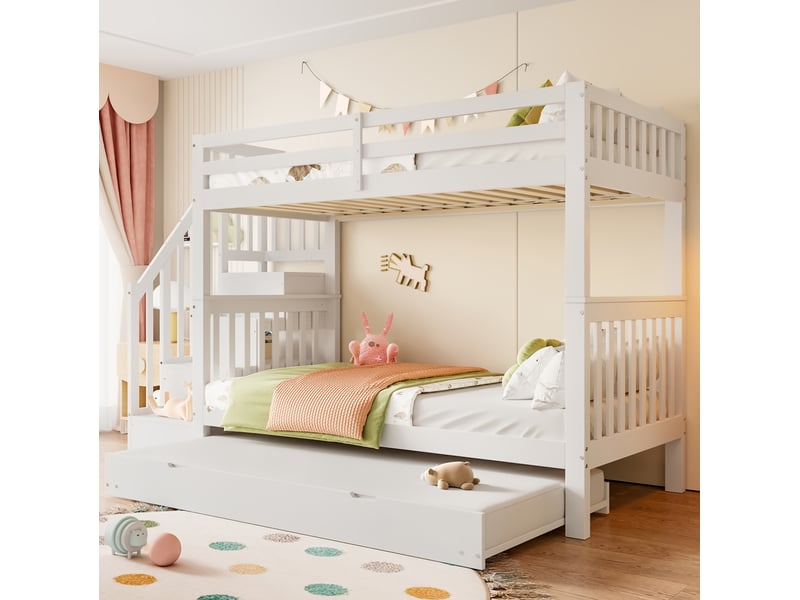  Lit superposé gigogne 90x200 cm avec lit tiroir, escalier de rangement, garde-corps haut,, pin et mdf blanc, sans matelas  - Conforama B