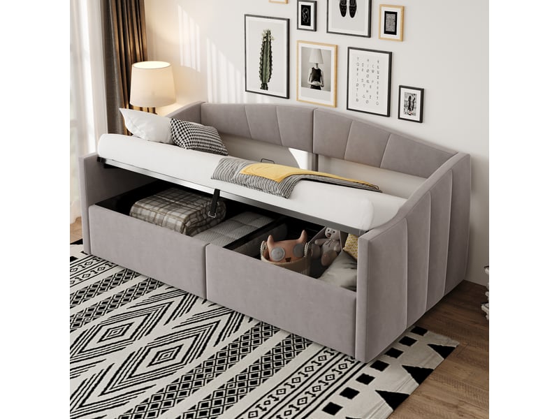  Lit banquette 90x200 cm - lit convertible avec rangement hydraulique, tissu velours gris clair, sommier inclus - sans matelas  - Conforama D