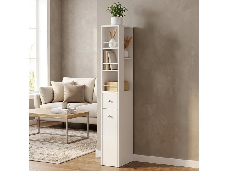  Colonne de salle de bain étroite en mdf peint blanc, 2 tiroirs, 18 x 40 x 135 cm  - Conforama D
