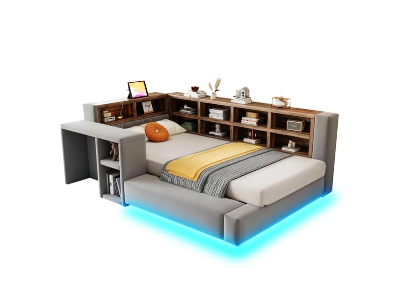 Lit coffre rembourré 90x200 cm – avec rangements led prises et table de chevet – velours – gris foncé CozyNest - Conforama A