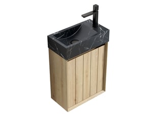 Meuble sous vasque avec 1 porte et vasque en marbre, pour salle de bain, noir et chêne blanc, 48×29×66 cm