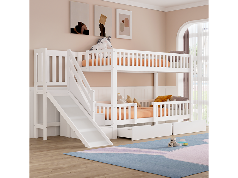  Lit superposé enfant 90x200 cm avec toboggan, escaliers, 2 tiroirs et porte magnétique, en bois, blanc, sans matelas  - Conforama B