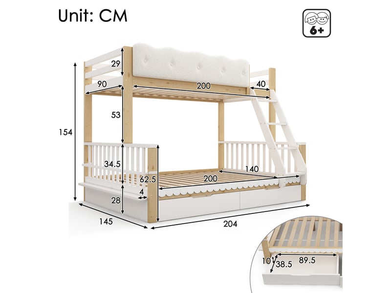  Lit superposé 90x200+140x200 cm 2 tiroirs et porte revues en bois blanc et chêne  - Conforama E
