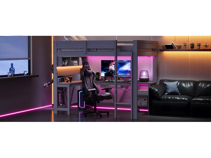  Lit mezzanine enfant 90 × 200 cm, bureau, led et prises usb, gris  - Conforama B