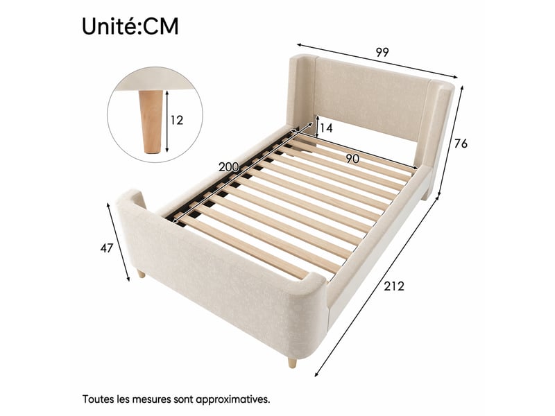  Lit enfant 200x90 cm en velours, lit simple avec motifs spatiaux et forme traîneau, sans matelas, beige  - Conforama D