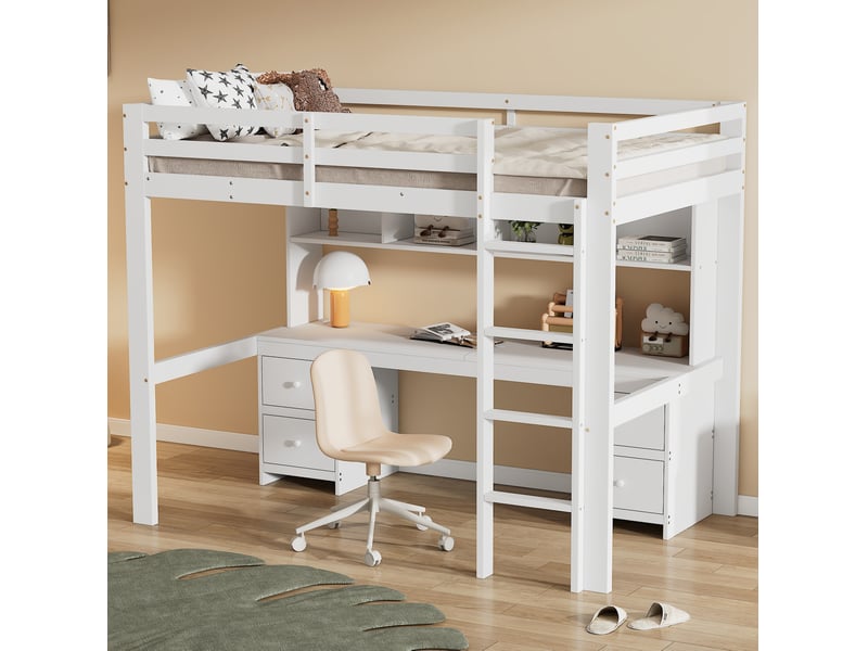  Lit mezzanine enfant 90x200 cm avec bureau et rangements blanc  - Conforama D