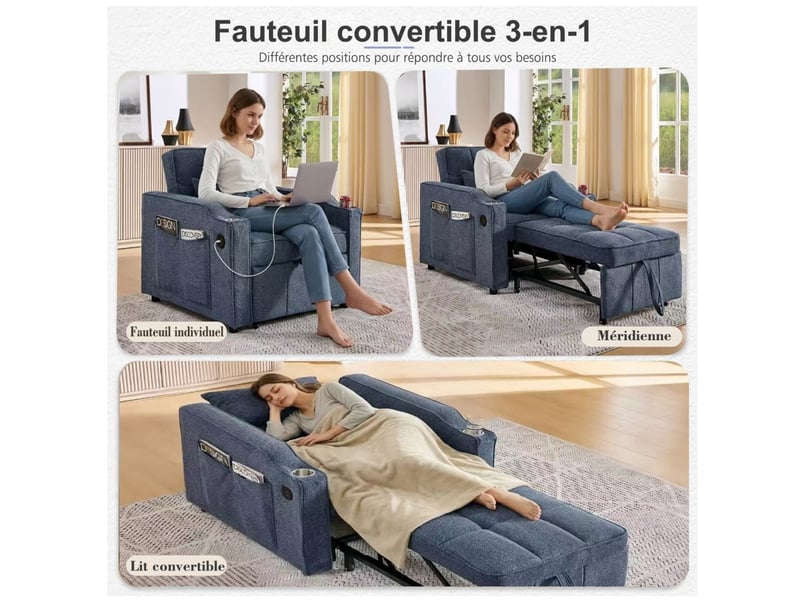  Fauteuil convertible 1 place - 190x85x86 cm - fauteuil 3-en-1 avec ports usb type-c et porte-gobelet - bleu marine  - Conforama C