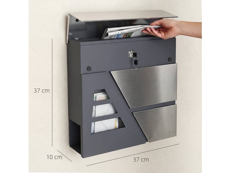  Boîte aux lettres murale 37x10x37 cm – gris foncé – porte-journaux, serrure, 2 clés, résistante aux intempéries  - Conforama C