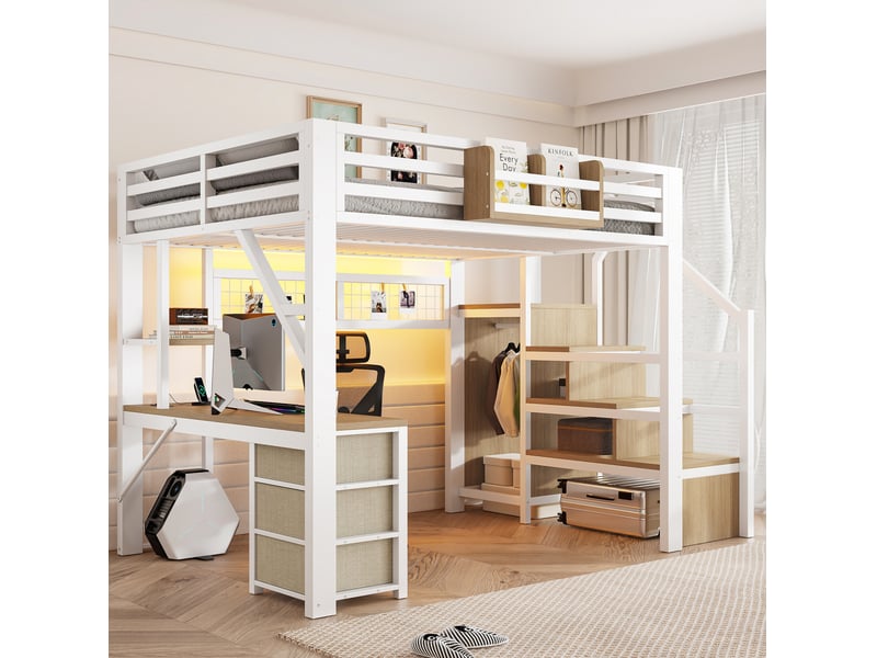 Lit mezzanine 140x200 cm, bureau armoire 3 tiroirs, rangements, led charge 150 kg, métal et mdf, blanc sans matelas - Conforama D
