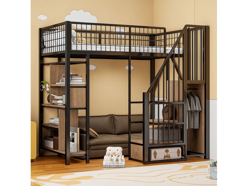  Lit mezzanine 90 x 200 cm en métal avec escalier de rangement et étagères noir  - Conforama B