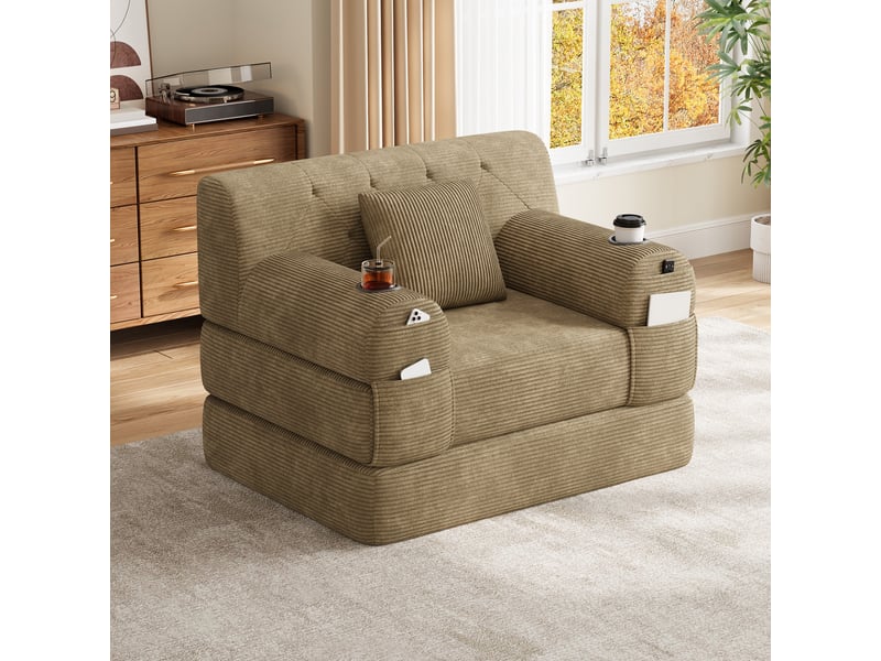  Canapé droit convertible lit 1 place en velours côtelé kaki avec rangement latéral et porte-gobelets  - Conforama R