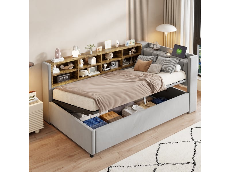  Lit banquette 1 place 200×90 cm en velours avec coffre hydraulique, usb, éclairage et rangements, matelas non précisé  - Conforama C