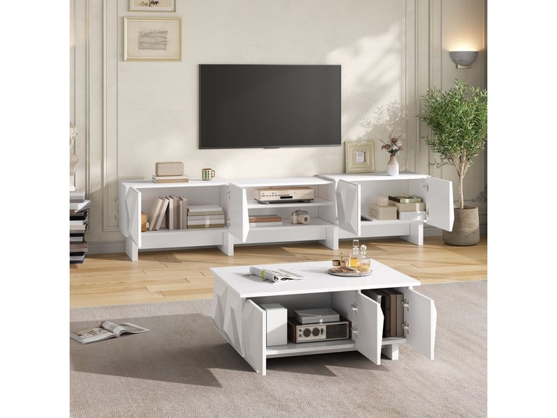  Meuble tv 4 portes meuble de salon compartiment ouvert panneaux de particules relief décoratif table basse incluse  - Conforama B