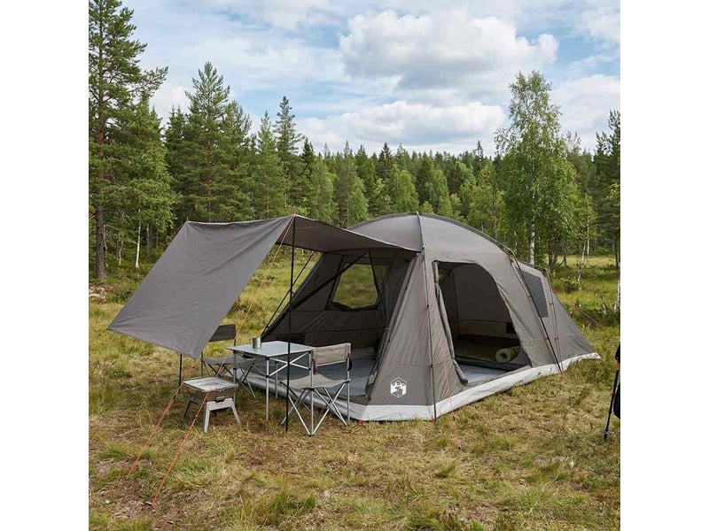 Tente de camping, tente cabane 12 personne marron gris polyester et acier - Conforama B