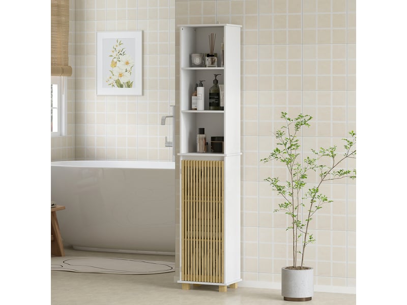  Colonne salle de bain, blanc, meuble salle de bain rangement avec porte à lattes en bambou et compartiments ouverts  - Conforama D