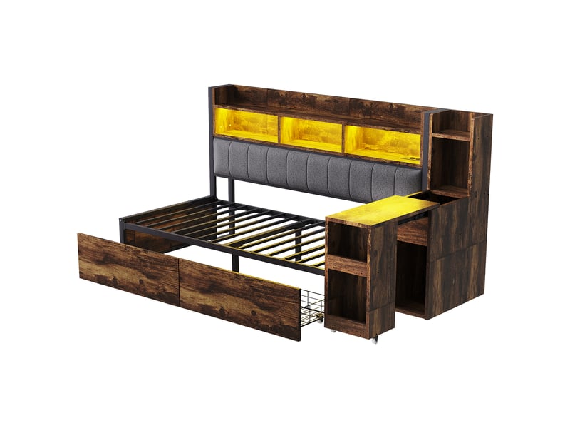  Lit enfant 90x200 cm avec led et bureau amovible, couleur bois, sans matelas  - Conforama R