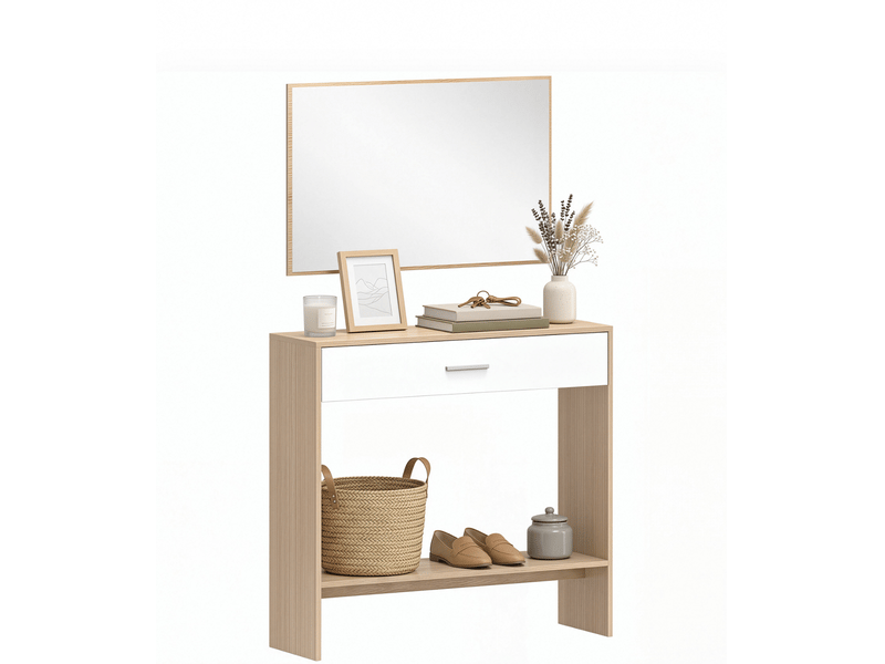  Table console de rangement avec miroir mural, tiroir et étagère, chêne clair et blanc  - Conforama A