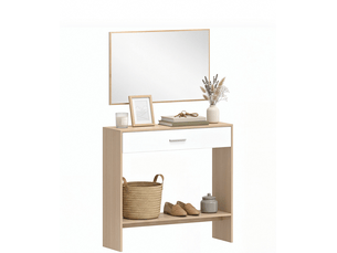 Table console de rangement avec miroir mural, tiroir et étagère, chêne clair et blanc