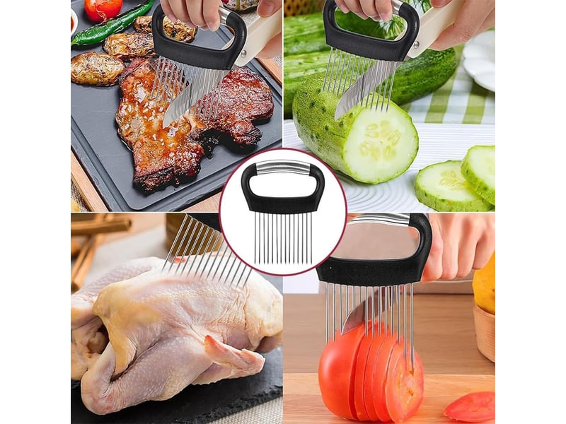  Porte-tranche d'oignon en acier inoxydable,coupe-légumes, coupe citron, outil de tranchage de couteau de cuisine,coupe tomates,pour pommes de terre  - Conforama E