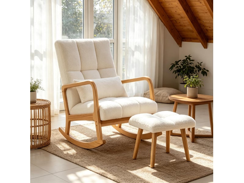  Fauteuil à bascule avec pouf en tissu bouclette blanc et pieds en bois  - Conforama B