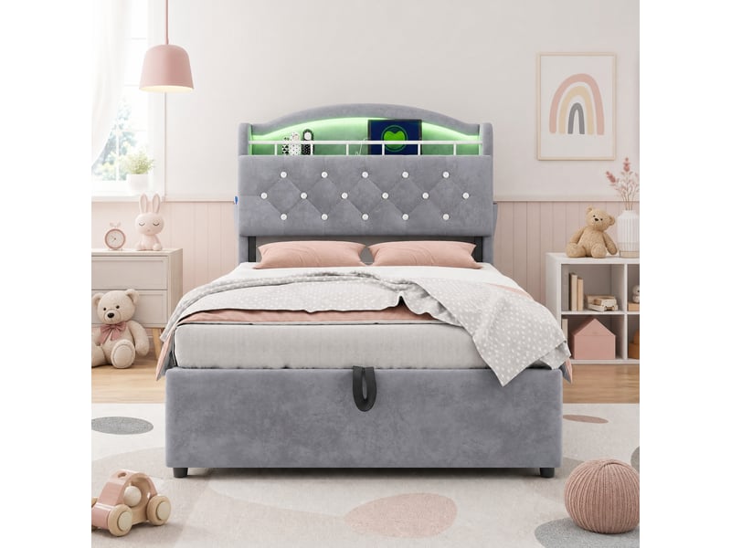  Lit enfant coffre 90x200 cm avec led, usb et usb-c, velours gris  - Conforama B