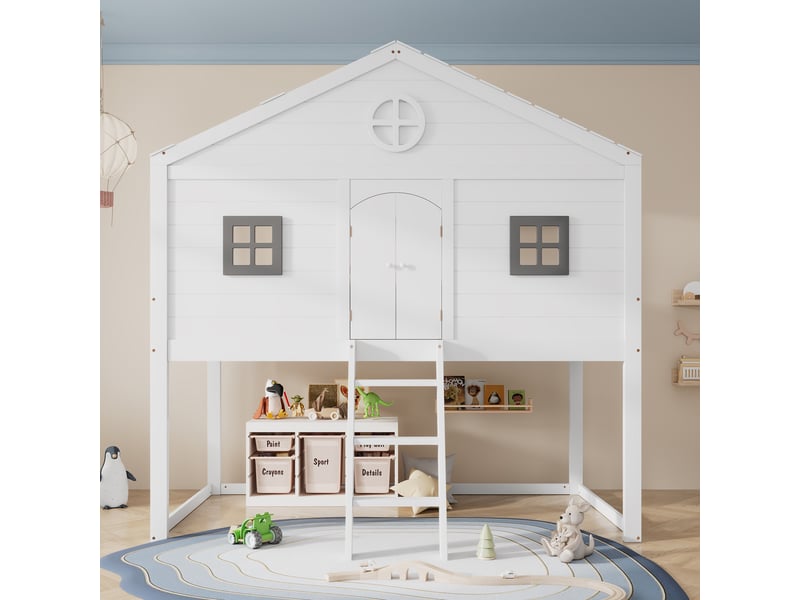 Lit mezzanine 90x200 cm, lit enfant avec escalier et barrière de sécurité, en bois de pin massif et mdf style scandinave, blanc et gris - Conforama C