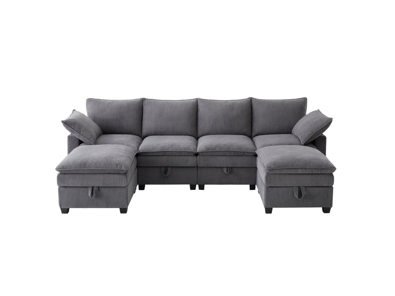  Canapé modulaire 5 à 6 places en velours côtelé gris avec rangements, ports usb et repose-pieds amovibles  - Conforama A