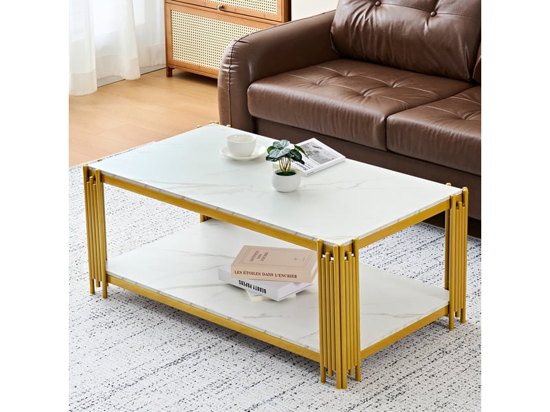  Table basse rectangulaire 114x63,5x46,3 cm à 2 niveaux effet marbre blanc et doré  - Conforama E