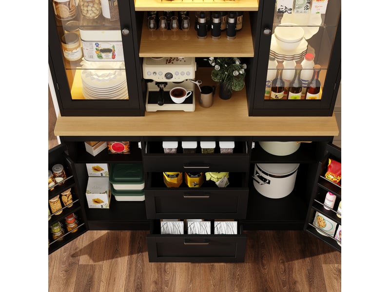 Buffet de cuisine moderne 140x40x185 cm, 3 tiroirs et 4 portes, meuble de rangement avec éclairage led, plateau de travail, mdf noir  - Conforama D