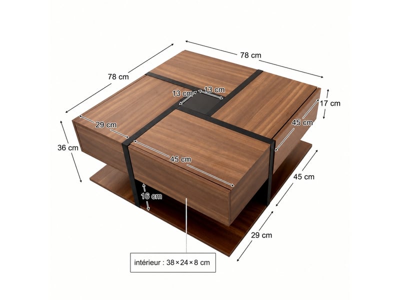  Table basse carrée avec 4 tiroirs, 78 x 78 x 36 cm, noir et aspect bois  - Conforama C