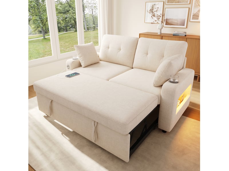 Canapé convertible 2 places avec led, ports usb et de type c, rangements, porte-gobelets en chenille beige - Conforama D