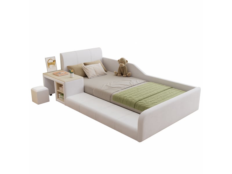  Lit enfant 90x200 cm avec bureau et tabouret, étagère en velours blanc  - Conforama A