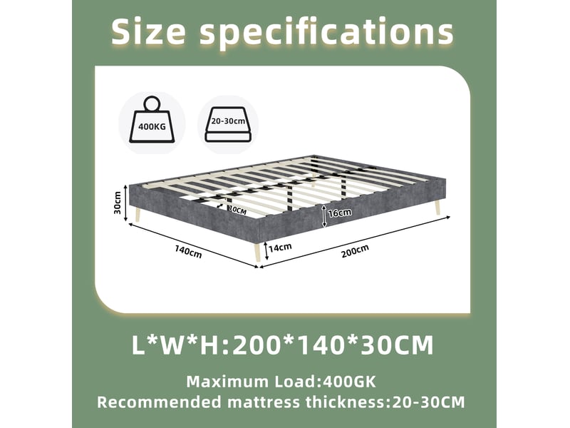 Lit adulte 140 × 200 cm 2 places, sans matelas, en velours gris, structure basse stable et montage facile - Conforama D