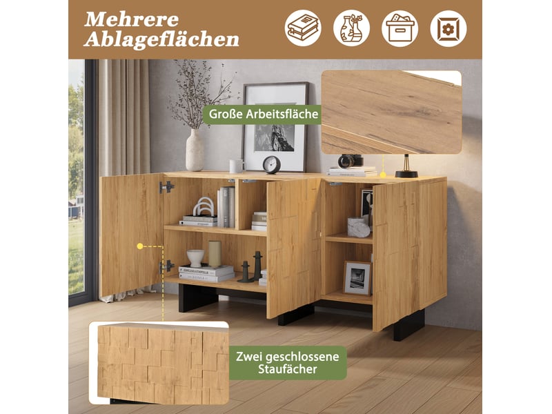 Buffet de rangement 140 x 40 x 70 cm – naturel – 3 portes push-to-open, 5 compartiments et fermeture douce - Conforama E