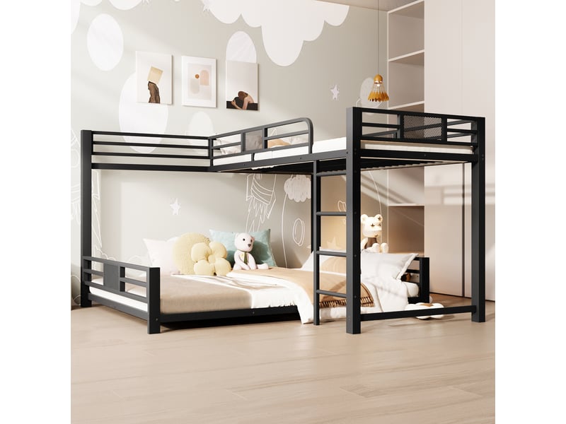  Lit superposé en métal en l 90x200 cm sur 140x200, lit 2 personnes, lit enfant, noir  - Conforama A