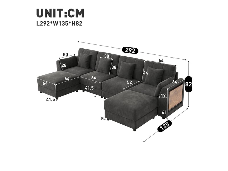 Canapé modulable en chenille gris, canapé d'angle ul avec éclairage led & table rabattable, 6-7 places pour grand salon moderne - Conforama C