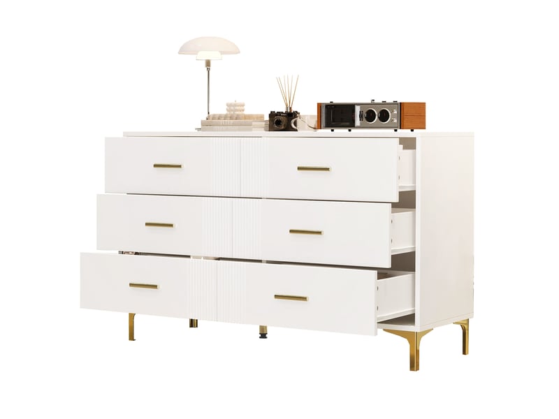  Commode 6 tiroirs 120 x 40 x 76 cm, surface rainurée élégante, mdf, blanc, pieds surélevés anti-humidité  - Conforama A
