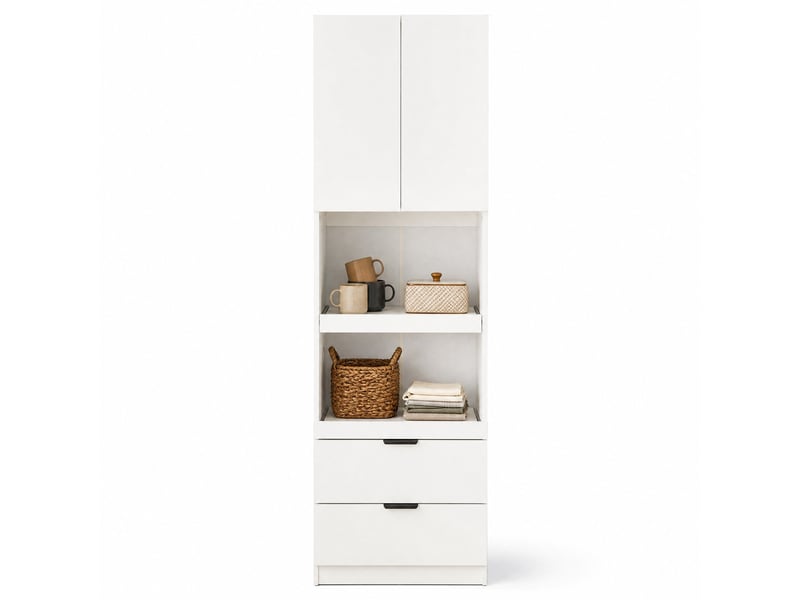  Colonne de cuisine avec 1 porte, 2 tiroirs et 2 étagères ouvertes pour micro-ondes, blanc, 59,5 × 45 × 200 cm  - Conforama A