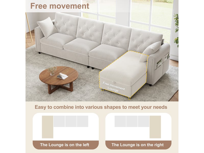 Canapé d'angle 4 places convertible avec rangement d'angle en polyester beige, 281×132×86 cm, méridienne réversible - Conforama D