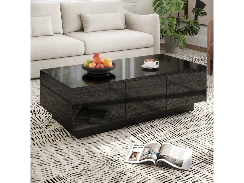  Table basse noire brillante avec 2 tiroirs et plateaux coulissants, 100 x 31 x 50 cm  - Conforama D