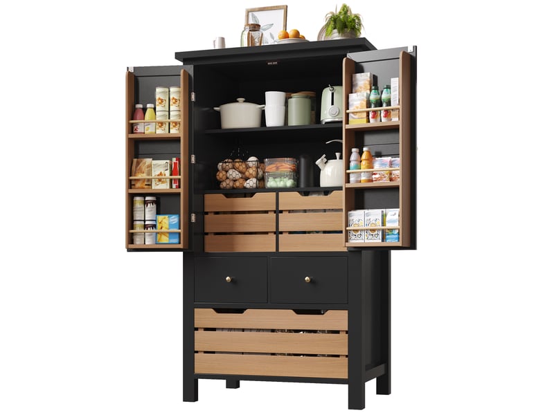 Meuble de cuisine muvano, buffet haut de cuisine noir, 2 portes et 5 tiroirs, 80 × 40 × 140 cm  - Conforama D