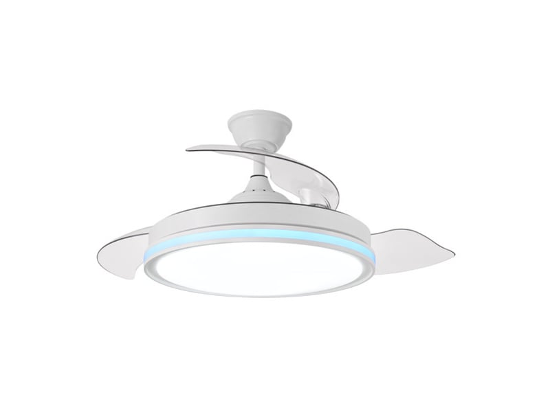  Fabrilamp cacique plafonnier ventilateur led 59 w, 6980 lm, rgb, moteur dc, 3 pales rétractables, ø 107 cm, blanc 246292301 - Conforama A