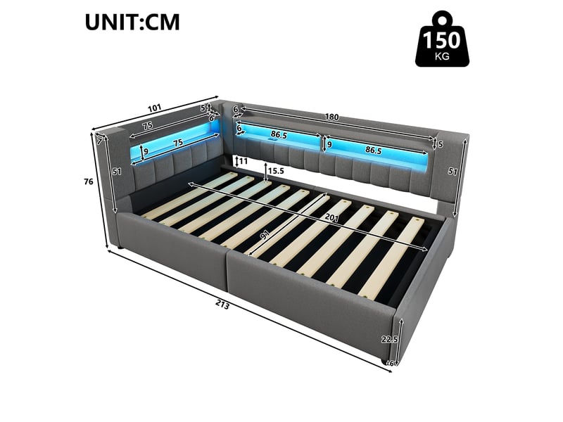 Lit coffre hydraulique 90x200 cm avec led et usb-c, tissu lin gris, structure mdf, sans matelas - Conforama C