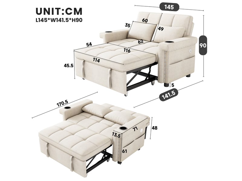 Canapé convertible 2 places 145 x 141,5 cm – beige – led, usb-c, dossier réglable et porte-gobelets - Conforama C