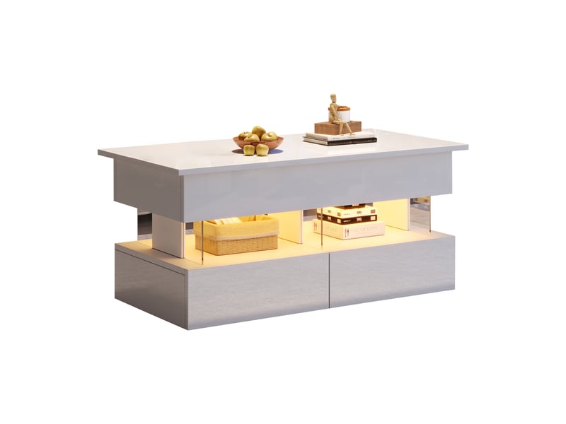  Table basse relevable avec 2 tiroirs, led et rangement pour salon 100×50×46 cm en mdf blanc  - Conforama A