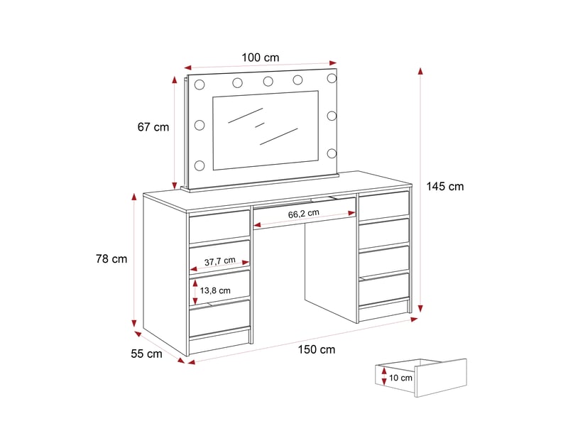  Coiffeuse bella doppio - avec miroir - éclairage led - 150x55x78 cm - blanc brillant BELLA - Conforama E